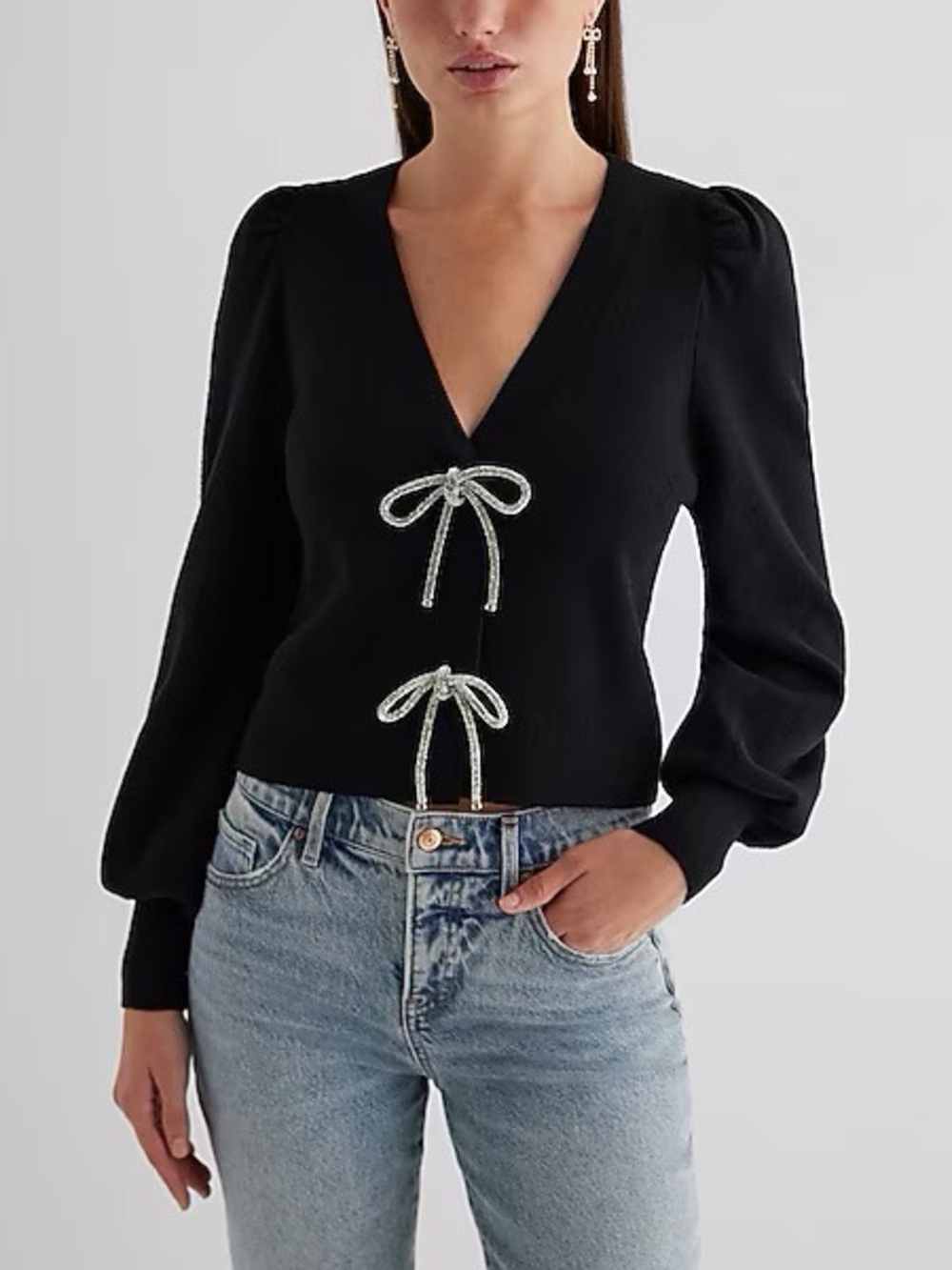 Express Black Ribbed V-Neck Rhinestone Bow Cardigan Sweater L